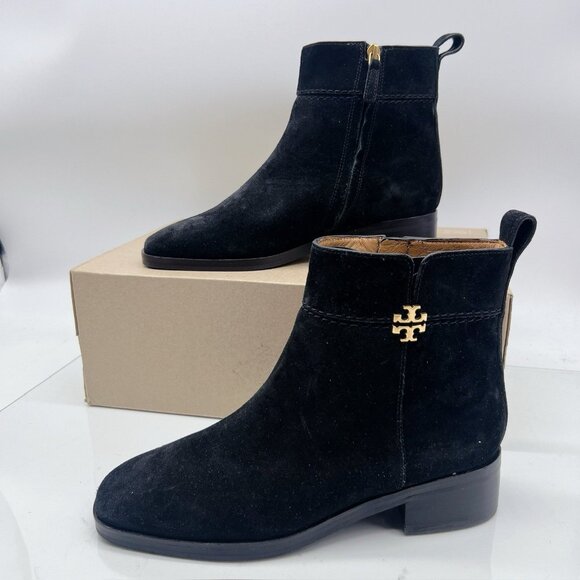 TORY BURCH Everly Ankle Boots Gold Logo Black Suede Side Zip US 7.5 $438 - Picture 3 of 11